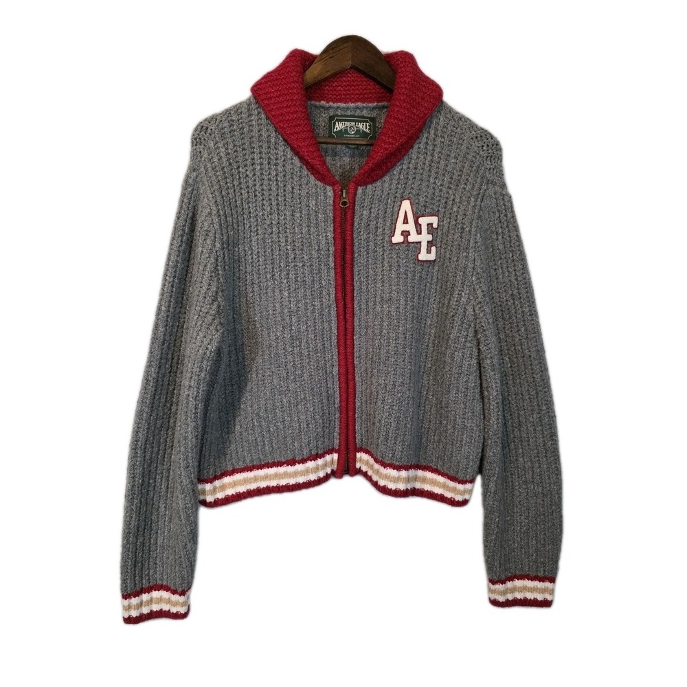 American Eagle Sweater Womens Large Gray Red Zip Cardigan Logo Collar Varsity